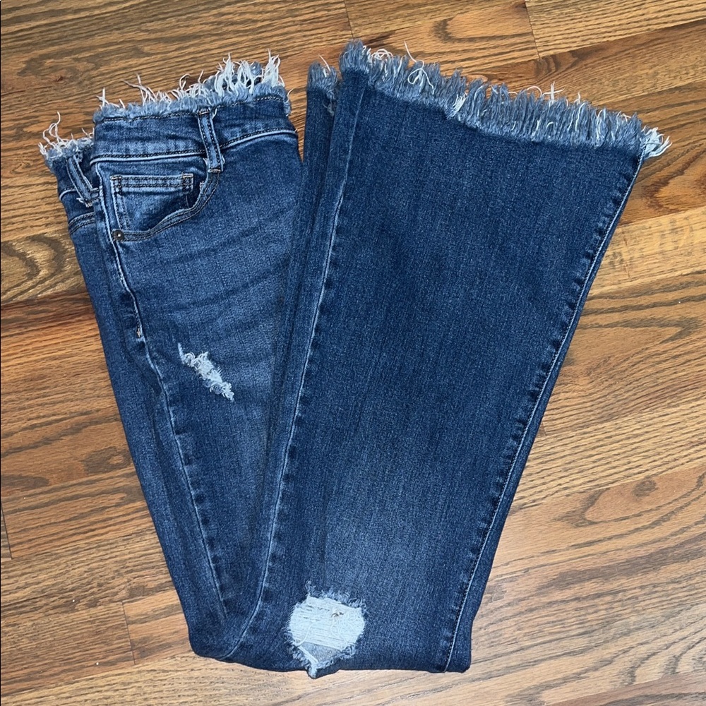 RISEN Jeans - Dark Blue Frayed Women's Flare Jeans